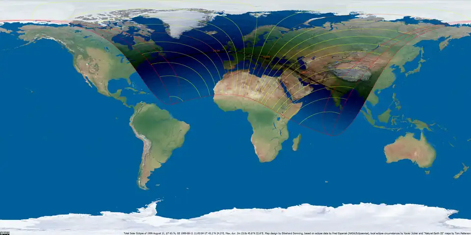 Weltkarte der Sonnenfinsternis vom 11. August 1999