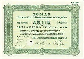 Aktie über 1000 RM der SOMAG vom April 1934