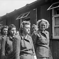 Gefangene Aufseherinnen des SS-Gefolges, darunter Hildegard Kanbach (1. von links), Irene Haschke (Zentrum, 3. von rechts), Elisabeth Volkenrath (2. von rechts, teilweise verdeckt), Hertha Bothe (1. von rechts), am 19.&nbsp;April 1945 auf dem Weg zur Bestattung der Opfer