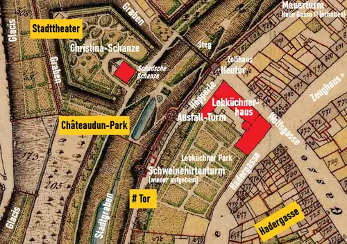 Christina-Schanze auf Urkataster von 1864. Weiße Schrift: auf Urkataster eingezeichnet. Schwarze Schrift: heutiger Bestand