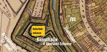 Urkataster (19. Jahrhundert). Einstige Naturheilschanze mit Lage der Kunsthalle und Lichtraupe (Oberlicht der freigelegten Futtermauer der Schanze)