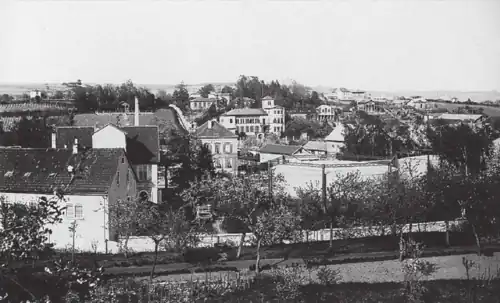 Gasometer der Gasfabrik (vorne rechts). Dahinter Villen und links Weinberge. 1890