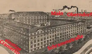 Die Fabrik wurde (wie damals üblich) größer als real dargestellt (vgl.&nbsp;rechtes Foto). Sie wurde später ins VKF Werk&nbsp;1 integriert, im 2.&nbsp;Weltkrieg zerstört und danach von VKF (bzw. SKF) durch große Klinkerbauten ersetzt. Die Cramerstraße wurde in diesem Bereich ebenfalls ins VKF Werk integriert. Im Hintergrund das Industriegebiet in Oberndorf