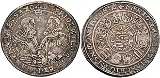 Friedrich Wilhelm und Johann, Reichstaler von 1598. Friedrich Wilhelm war seit 1586 selbständiger Regent.