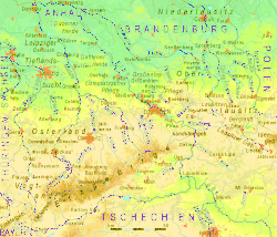Sachsen topografisch mit den wichtigsten Landschaften, Flüssen und Städten