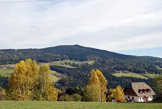 Rosenkogel mit Salleg vom Süden aus gesehen, im Vordergrund Klosterwinkel. Die geologisch bedingte Form des Rosenkogel-Gipfels ist deutlich sichtbar.