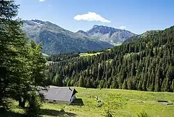 Blick über die Sattelalm in Richtung Süden zu Flatschspitze, Rollspitze und Daxspitze