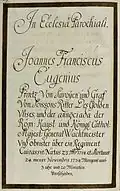 Epitaphinschrift Johannes Franz Eugen von Savoyen, aus dem Thesaurus Palatinus