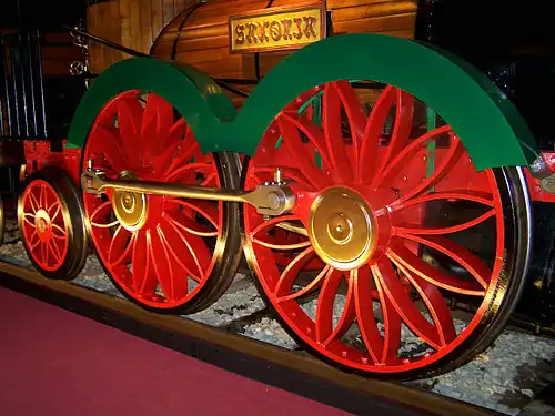 Speichenrä­der mit ge­bo­ge­nen Spei­chen am Nach­bau der Saxonia (Ori­gi­nal 1838, Nach­bau 1988)