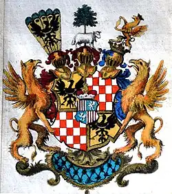 Reichsgräfliches Wappen von 1708 mit zwei goldenen Greifen als Schildhalter
