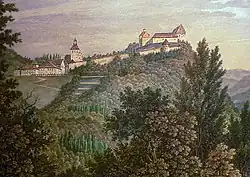 Ansicht mit vollständig erhaltener Ringmauer um 1800