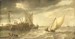 Schiffe am nahen Pier, 1.&nbsp;Hälfte 17. Jahrhundert, Öl auf Holz, 36,5×69 cm (Rijksmuseum, Amsterdam)