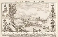 Schiffsbrücke über die Sihl 1758, Radierung von Johann Rudolf Holzhalb (1760)