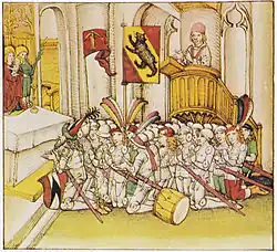 Gebet der Berner und ihrer Verbündeten vor der Schlacht. Sie tragen erstmals ein weisses Kreuz aus Leinwand als gemeinsames Erkennungszeichen. Spiezer Chronik