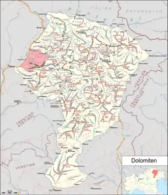 Schlerngruppe in Rot auf der Karte der Dolomiten