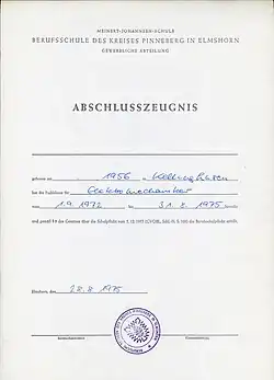 Berufsschulzeugnis von 1975 aus Schleswig-Holstein