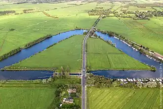 Flussbogen mit ehemaligem Schleusenhaus (hinten) und Schleusenkanal (vorn)