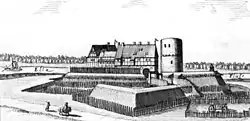 Merian-Stich des Schlosses noch mit Rundturm, Wall und Wassergraben, 1654
