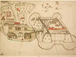 Das Bild zeigt einen gezeichneten „Stadtplan“ von einer Burg, dem dazugehörigen Dorf und der Umgebung.