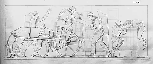 26. Umschütten aus dem Fasswagen in Zuber, Most saugende Buben (H&nbsp;XIV).