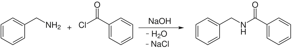 Reaktionsschema der Schotten-Baumann-Reaktion zur Herstellung von N-Benzylbenzoesäureamid