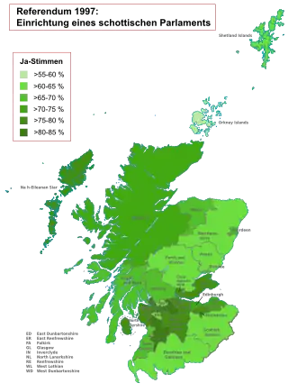 Ergebnisse des Referendums nach Unitary Authorities (Frage nach der Einrichtung eines schottischen Parlaments, Prozent „Ja“-Stimmen): ﻿>55–60 % ﻿>60–65 % ﻿>65–70 % ﻿>70–75 % ﻿>75–80 % ﻿>80–85 %