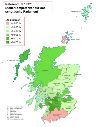Ergebnisse des Referendums nach Unitary Authorities (Frage nach Steuerkompetenzen für ein schottisches Parlament, Prozent „Ja“-Stimmen): ﻿>45–50 % ﻿>50–55 % ﻿>55–60 % ﻿>60–65 % ﻿>65–70 % ﻿>70–75 %