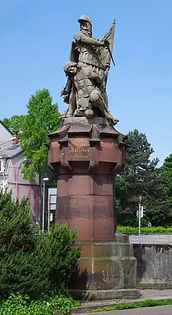 Der Freiburger Ritter Martin Malterer mit dem Freiburger Banner neben dem sterbenden Erzherzog Leopold III. von Habsburg. Denkmal von 1897, Schwabentorbrücke