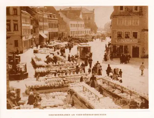 Holzmarkt (heute: Albrecht-Dürer-Platz) mit Geschirrmarkt; Blick in den Steinweg (heute: Schultesstraße). Vor 1922