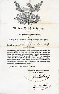 Aktie der Schweizerischen Mobiliar-Versicherungs-Gesellschaft über 200 Franken, ausgestellt in Bern am 6. November 1830, eigenhändig unterschrieben von ihrem Gründer und ersten Präsidenten Karl Anton von Lerber