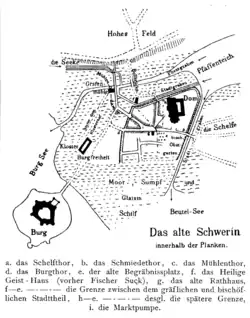 Stadtplan Schwerins vor und nach dem Bau der Stadtmauer von 1340