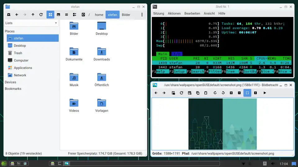 LXQt-Wayland-Session mit dem Wayland-Compositor Niri unter openSUSE Tumbleweed. Es laufen PCManFM-Qt, QTerminal mit htop und LXImage-Qt mit einem Wallpaper von openSUSE Tumbleweed. Als Theme sind gewählt Kvantum-Arc und Papirus Icon Theme.