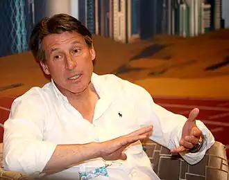 Bronzemedaillengewinner Sebastian Coe (hier im Jahr 2015) – er stand am Beginn einer großen Sportkarriere mit unter anderem zwei olympischen Goldmedaillen über 1500&nbsp;Meter (1980/1984), dem 800-Meter-EM-Titel 1986 und Weltrekorden, heute: Präsident des Weltleichtathletikverbands World Athletics (früher IAAF)