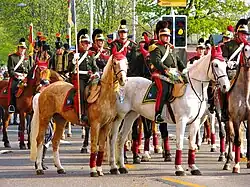 Reiter der Zunft Schwamendingen in Uniformen der Zürcher Dragoner von 1837, Brustschild und Schabracke mit Wappen der Zunft