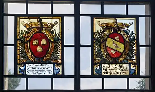 Wappen des Venners 1636 bis 1719, Carolus von Büren, Freiherr von Vaumarcus und des Ludwig Lerber, Landvogt von 1656 bis 1662