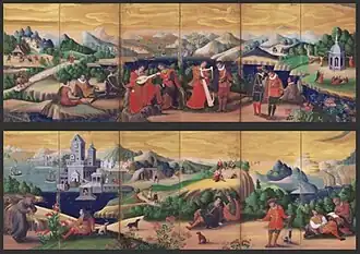 Musizierende Europäer, Stellschirm-Paar (Je 102,5 × 308,9&nbsp;cm)