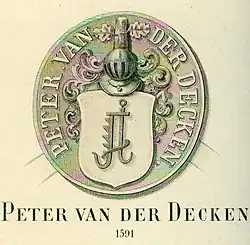 Siegel des Peter von der Decken aus dem Jahr 1591. Peter lebte von 1539 bis 1619 und ist der Sohn von Hermann einem Bürgermeister von Stade und dem Stifter der ersten Linie. Peter hatte die Güter Kampe, Oerichsheil, Ritterhof und Wechtern. Diese Form des Wappens von 1591 hat sich bis heute erhalten.