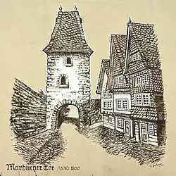 Das Marburger Tor um 1800. Wandgemälde von W. Helsper, 1986 und Das Marburger Tor um 1850 nach Wilhelm Scheiner
