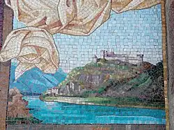 Burg Sigmundskron als Mosaikdetail in der Pfarrkirche St. Josef in Frangart bei Eppan in Südtirol