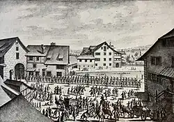 Die Sihlporte (links) um 1750, Zeichnung von Johann Caspar Ulinger