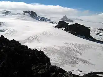 Der Baranowski-Gletscher mit dem Siodło (rechts) und dem Anvil Crag (links). Im&nbsp;Hintergrund:&nbsp;Pawson&nbsp;Peak