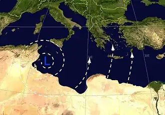 Schema und Satellitenbild einer Scirocco/Chamsin-Lage: links Mittelmeertief und Südströmung von Saharaluft nach Europa, rechts großräumigere südwestliche Höhenströmung.