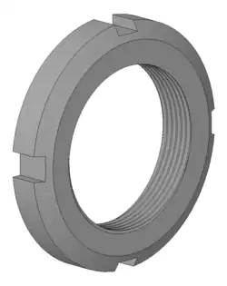 Nutmutter (3D-Modell) und typischer Anwendungsfall: Welle-Nabe-Verbindung; gesichert mit einer Nutmutter (ganz rechts)