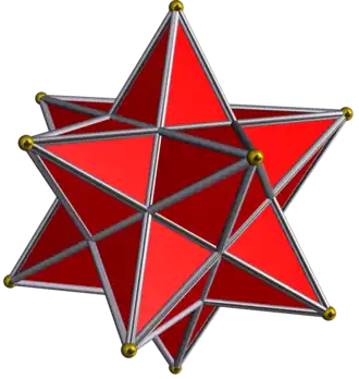 N … weist der auf den ersten Blick gleich aussehende Dodekaederstern als Kepler-Poinsot-Körper nur 12 Ecken (golden markiert, die anderen 20 sind nur Schnittpunkte der Kanten), 30 Kanten (die durch die 20 Schnittpunkte jeweils dreigeteilt werden) und 12 Flächen (Pentagramme, die in jeweils 5 Dreiecke zerfallen) auf und verletzt mit '"`UNIQ--postMath-0000002F-QINU`"' den Eulerschen Polyedersatz.