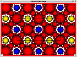 Cusp der hyperbolischen Struktur auf dem Komplement der Borromäischen Ringe mit eingezeichnetem Fundamentalbereich.