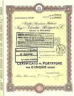 Aktienzertifikat der S.A. Italiana Ing. Nicola Romeo & C. über 5 Aktien à 100 Lire, ausgegeben in Mailand am 7. Februar 1929. Das 1911 von Nicola Romeo errichtetes Unternehmen wurde nach Übernahme des Automobilherstellers A.L.F.A. 1918 in eine Aktiengesellschaft umgewandelt.