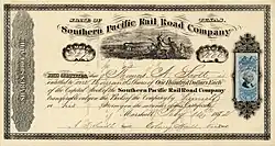 Aktie der Southern Pacific Railroad Company über 1.000 Anteile zu je 100 $, ausgegeben in Marshall, Texas am 16. Februar 1872, eingetragen auf ihren Präsidenten Thomas A. Scott