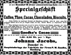 Johann Jacobs gibt die Eröffnung seines Geschäfts Domshof 18 bekannt (Bremer Nachrichten, 15.&nbsp;Januar 1895)