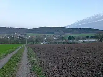 Blick von einem Wirtschaftsweg südwestlich von Wahlen ostwärts zum Spessartskopf: Südkuppe (mittig), Nordkuppe (linker Bildrand); in der Bildmitte Teile der Ortschaft Wahlen