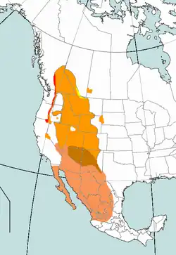 Verbreitungsgebiet des Rotnacken-Saftleckers; ocker: Brutvogel, braun: Jahresvogel, rötlichbraun: Wintergast, gelb: Hybridisierungszone S. nuchalis x S. varius, rot: Hybridisierungszone S. nuchalis x S. ruber